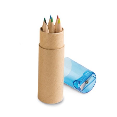 Boîte avec 6 crayons de couleur publicitaire naturel/bleu