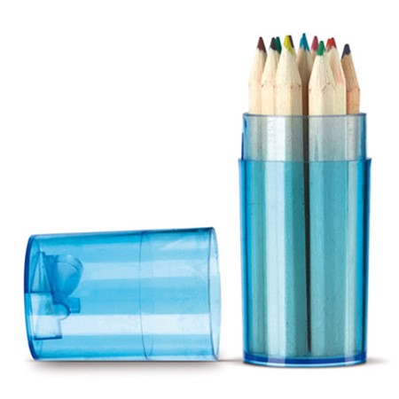 Boîte avec crayons de couleurs publicitaire bleu transparent