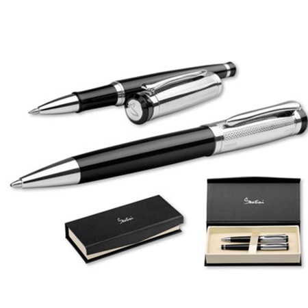 Set de stylo à bille et stylo roller orlando personnalisé argenté/noir