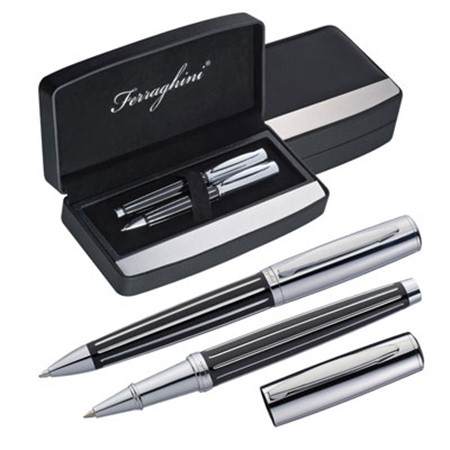 Set décriture ferraghini noir stylo bille/ roller personnalisé noir