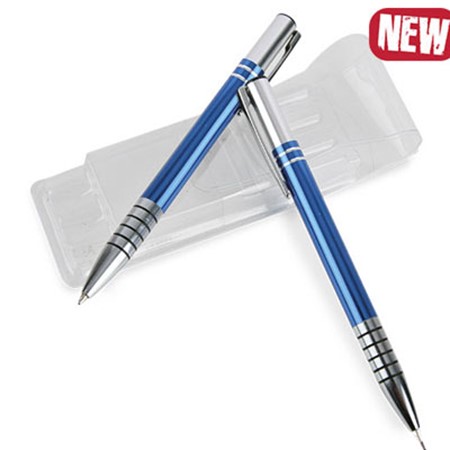 Set stylo bille et porte mines eletro vert personnalisé bleu