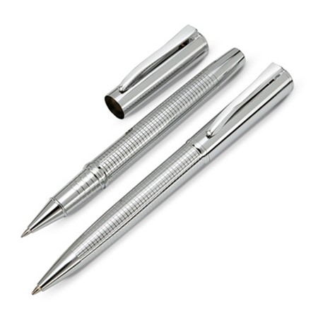 Set stylo bille et roller métal personnalisé argenté brillant