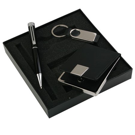 Set stylo porte clés et porte carte de visite personnalisé argenté/noir