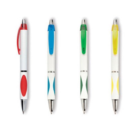 Stylo bille brico blanc avec grip ergonomique 5 couleurs personnalisé blanc/bleu