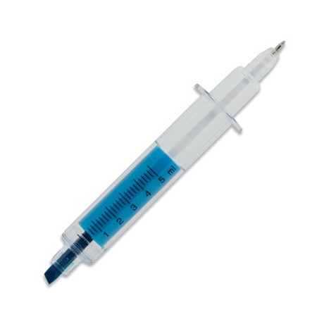 Surligneur/stylo bille seringue personnalisé bleu transparent